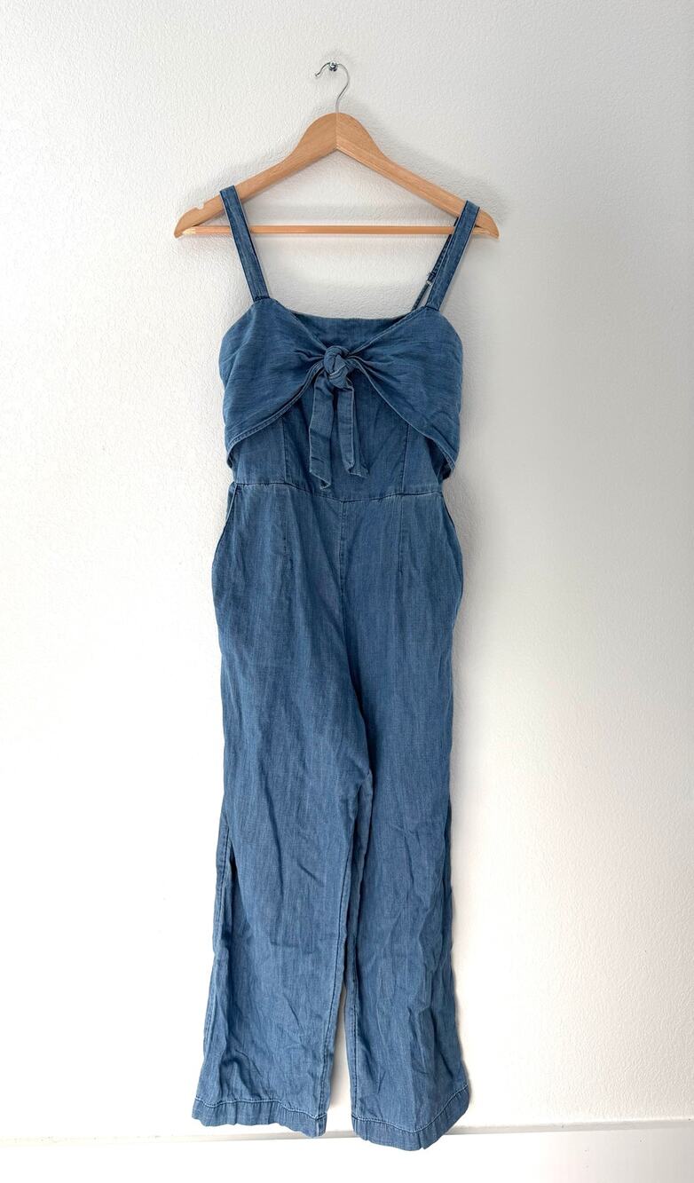 Abercrombie & Fitch Chambray Denim Tie Front Smocked Jumpsuit Size M